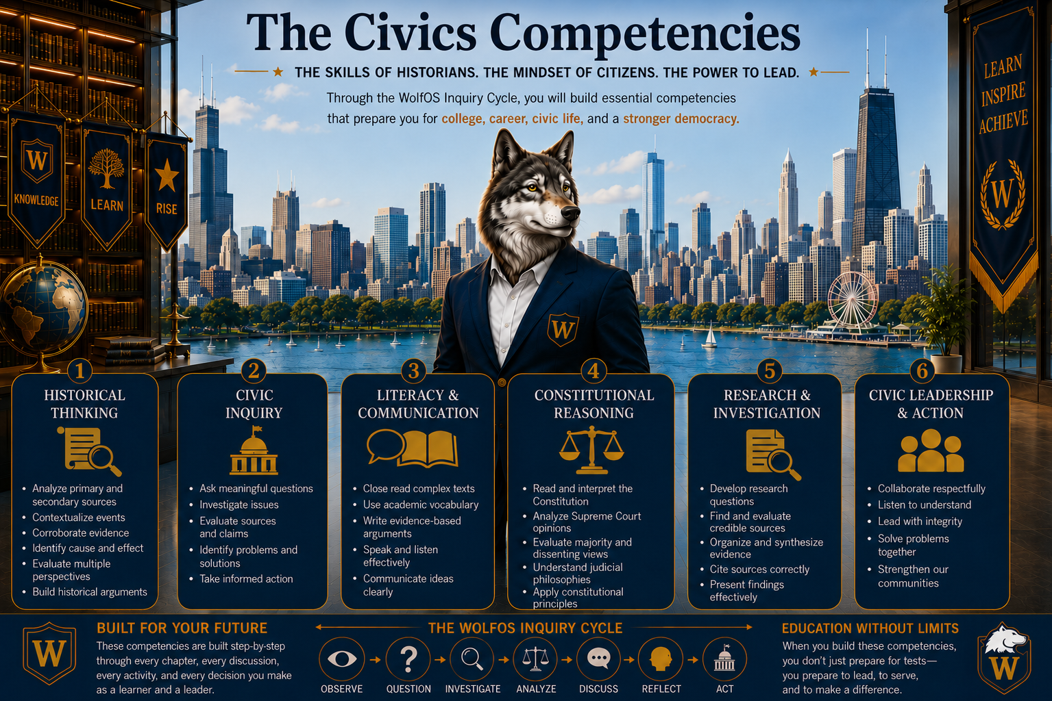 Civics competencies including historical thinking, civic inquiry, communication, constitutional reasoning, research, and civic leadership