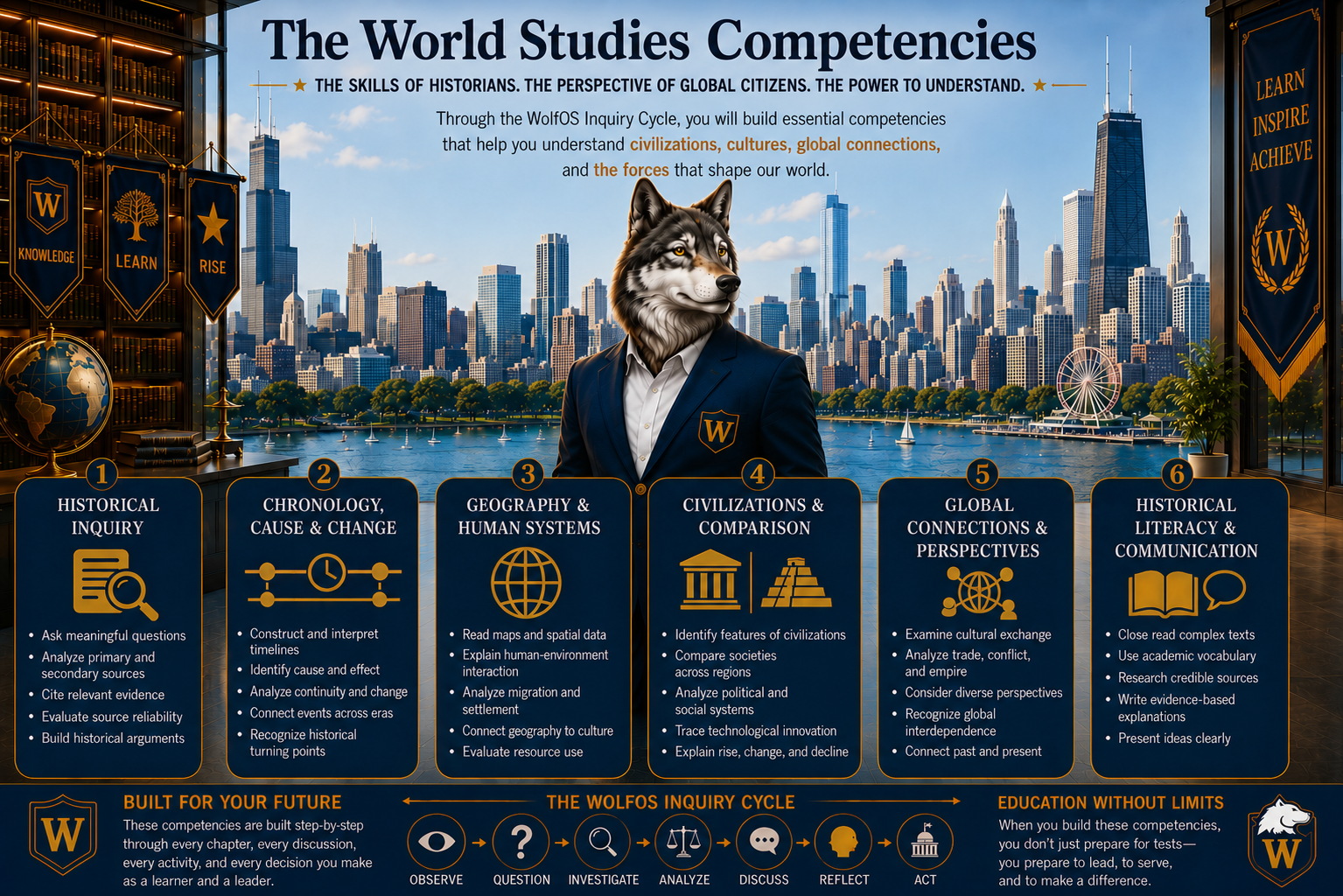 World Studies competencies including historical inquiry, chronology, geography, civilizations, global connections, and historical literacy
